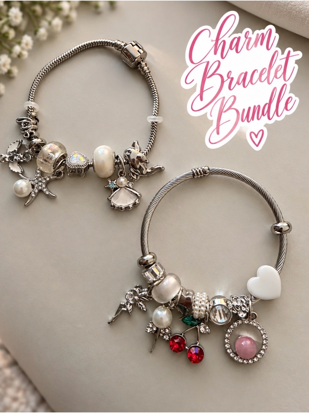 Silver Tone Charm Bracelet Bundle with White and Red Accents